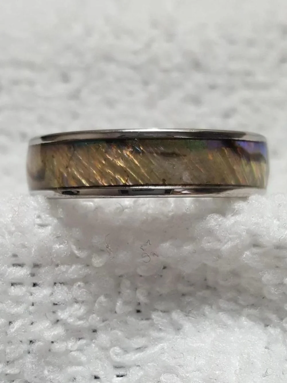 Abalone Inlay Stainless Steel Ring Band - Iridescent Blue-Purple